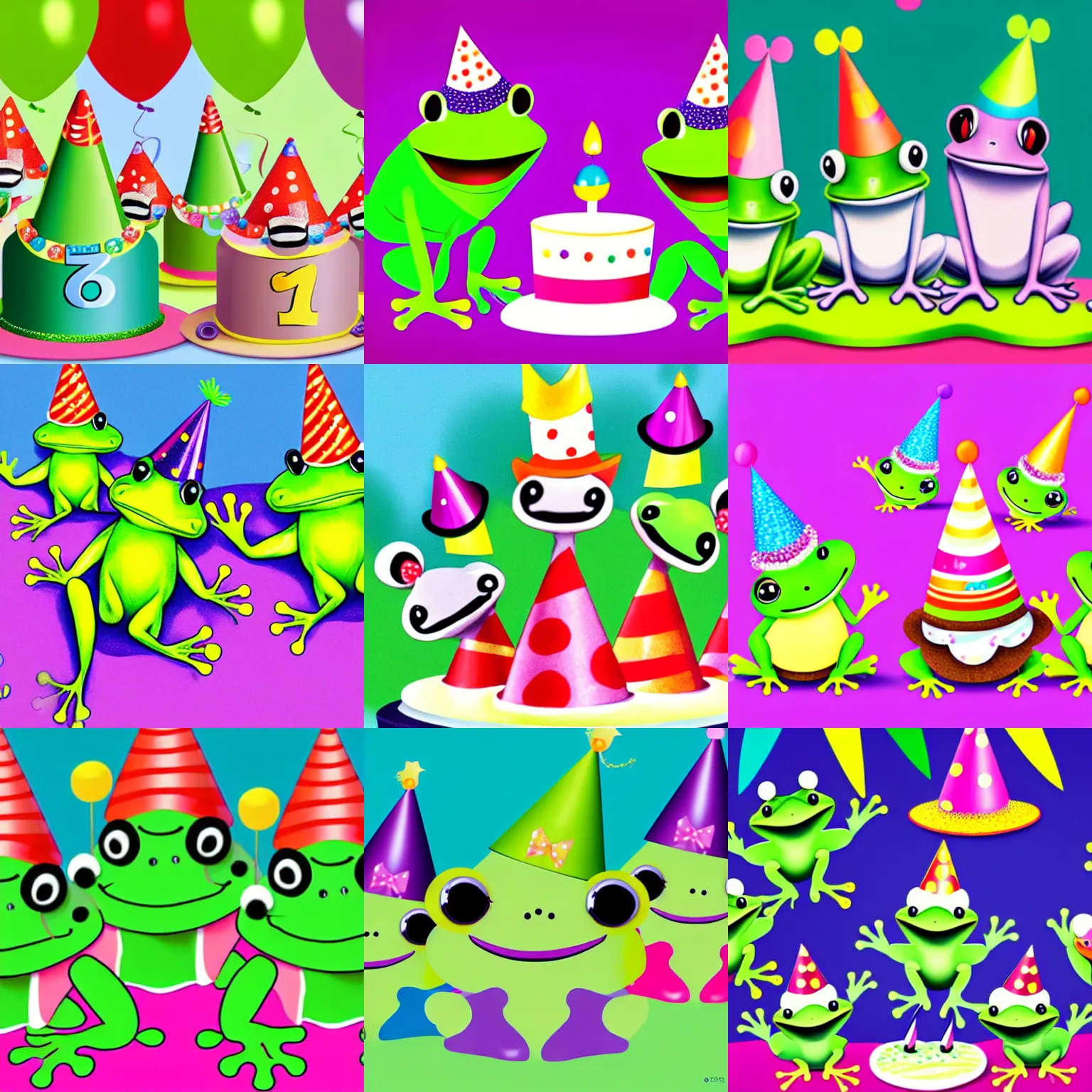 Prompt: frogs in birthday hats having a party, hyperrealistic