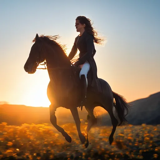 Image similar to Emma Watson riding into the sunset, golden hour, heavenly lighting, XF IQ4, f/1.4, ISO 200, 1/160s, 4K, RAW, unedited, symmetrical balance, in-frame