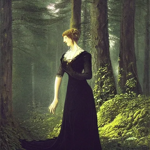 Image similar to A beautiful victorian woman, night, gothic dress, flowing hair, oil painting, portrait, magical forest, glow, dramatic lighting, dramatic light, masterpiece, high detail, long shadow, amazing composition, detailed, high contrast, painted by Caspar David Friedrich