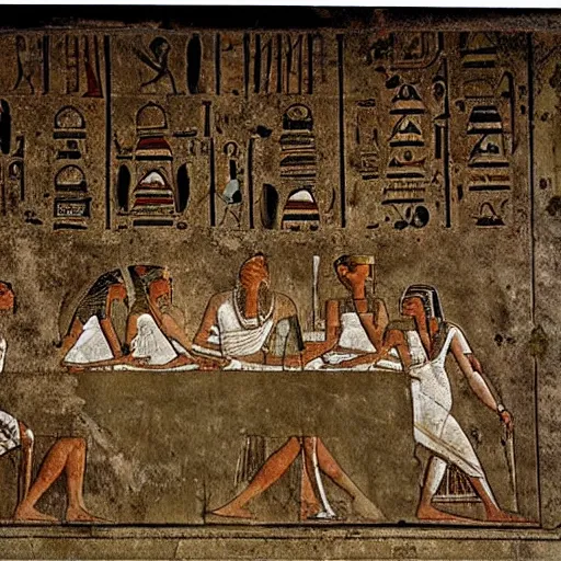 Image similar to on an old stone tomb wall, symbolic ancient Egyptian hieroglyphics depicting The Last Supper by Leonardo Da Vinci