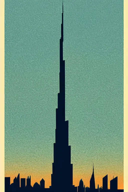 Image similar to a picture of burj khalifa with a sky background, a screenprint by milton glaser, featured on behance, art deco, cyanotype, poster art