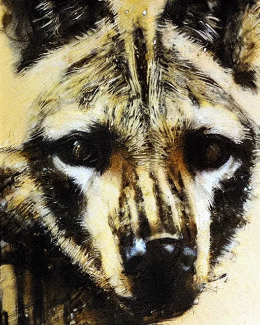 Prompt: striped hyena closeup art by guy denning,