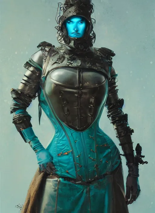 Prompt: portrait of medieval swedish woman wearing teal power armor with steel overbust corset. intricate painting by ross tran, magali villeneuve, and jeremy mann.