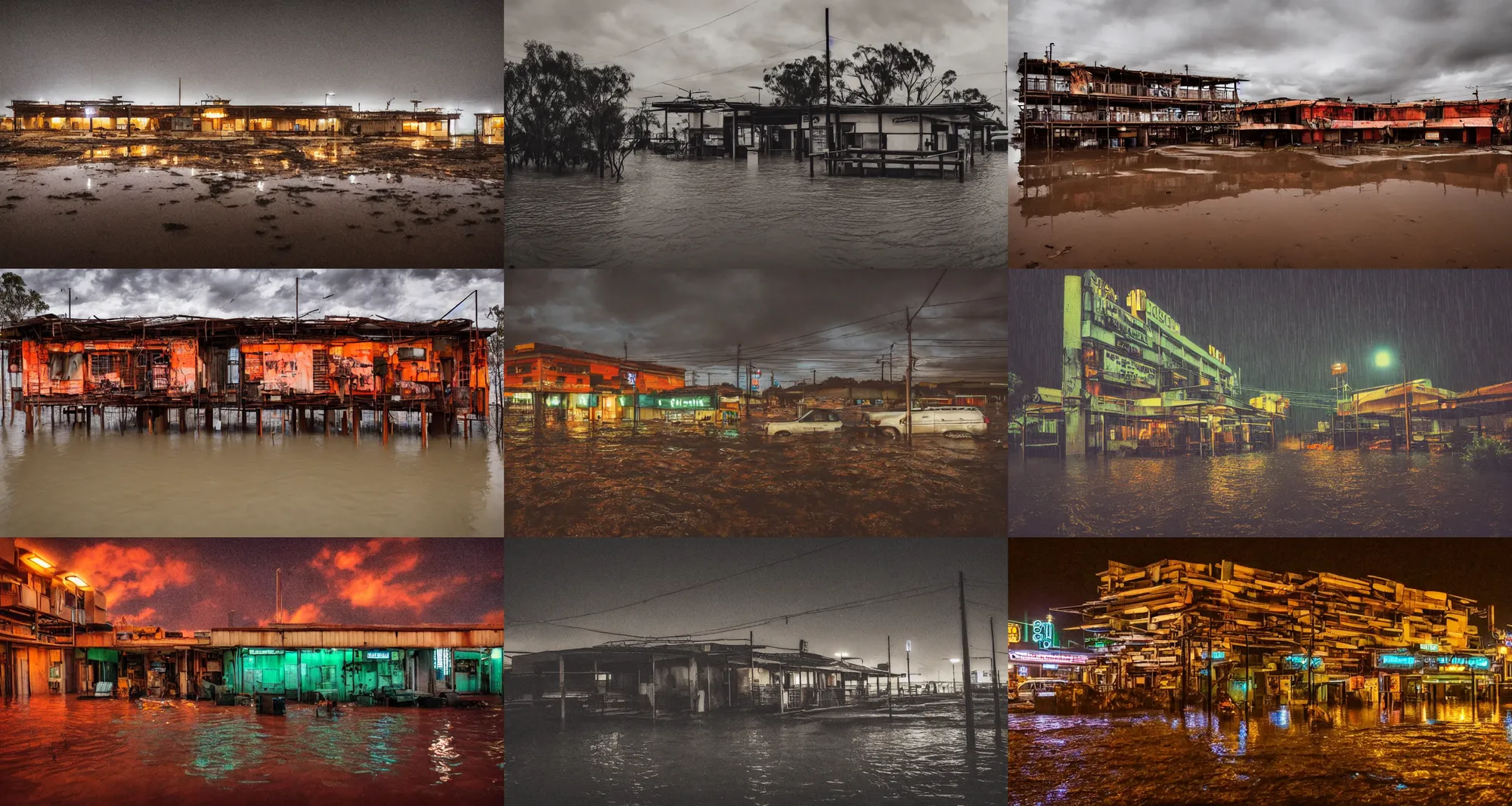 Prompt: travel photography, 3 5 mm photo of a dystopian cyberpunk motel!!! made of scrap wood and scrap metal, in the flooded australian outback, dry rocky ground, flooded, night, neon lights, raining, epic lighting, epic composition, depth of field!, bokeh, upscaled to 4 k