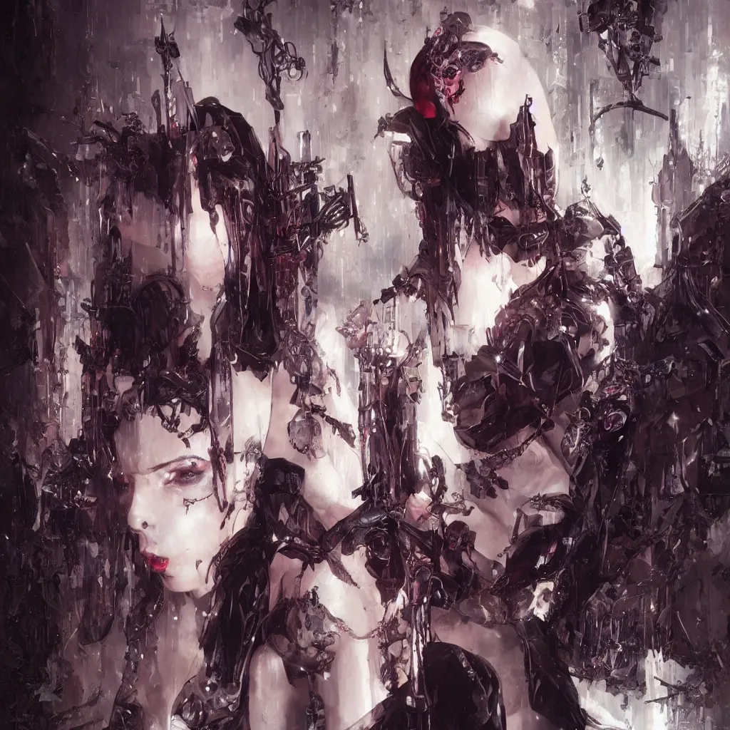 Image similar to fashionable gothic domme mistress, portrait, latex, cyberpunk altar, spikes by greg rutkowski, by yoshitaka amano, super - detail