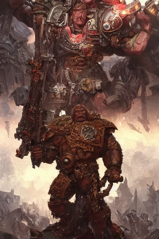 Image similar to arnold schwarzenegger as a warhammer ork boss, highly detailed, digital painting, artstation, concept art, sharp focus, illustration, art by artgerm and greg rutkowski and alphonse mucha