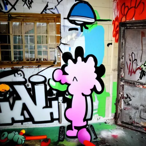 Prompt: kaws what party graffiti inside abandoned dollhouse