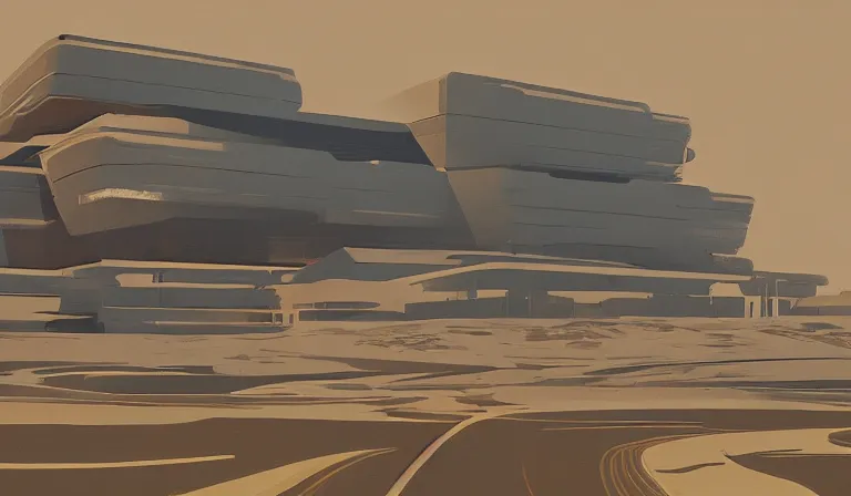 Prompt: A serene landscape with a singular building in the style of Syd Mead.