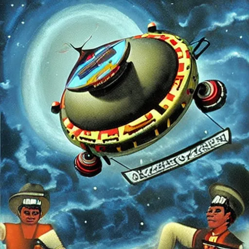 Prompt: aztec art of dan akroyd piloting a ufo, national geographic, history channel