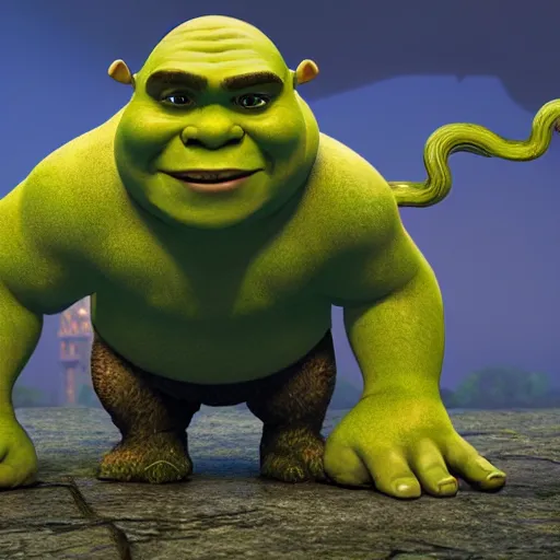 Image similar to Shrek as gigachad, tentacles, octane render, 3d digital art by beeple, unreal engine 5, award winning