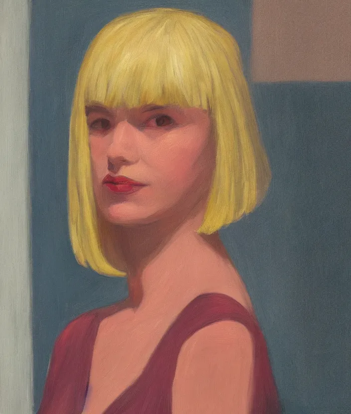 Image similar to a closeup portrait of woman with a blonde bob with bangs, in the style of edward hopper, very fine brush strokes, 4 k,