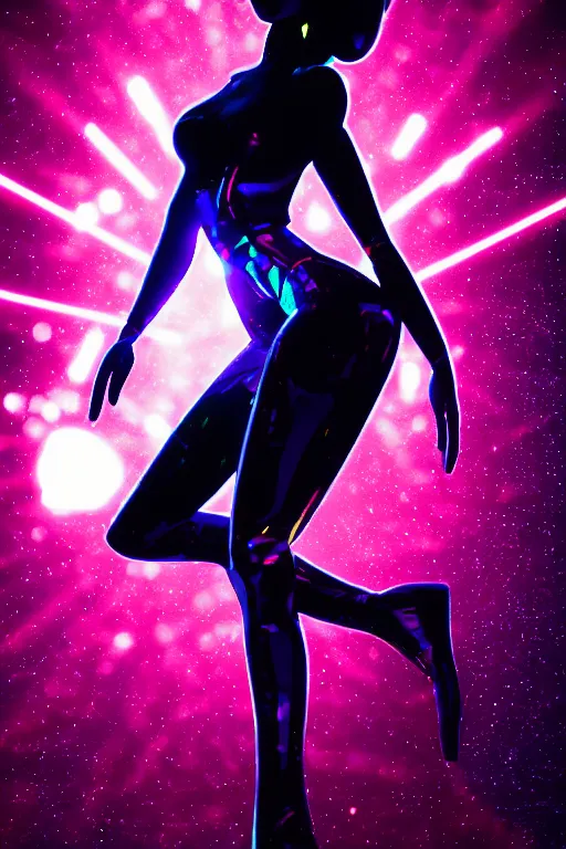 Prompt: silhouette of a dancing holographic girl, futuristic, in the style of Pixar animation, very low angle view, 16mm lens, award winning, hyper detailed, dramatic lighting, artstation, octane renderer, unreal engine