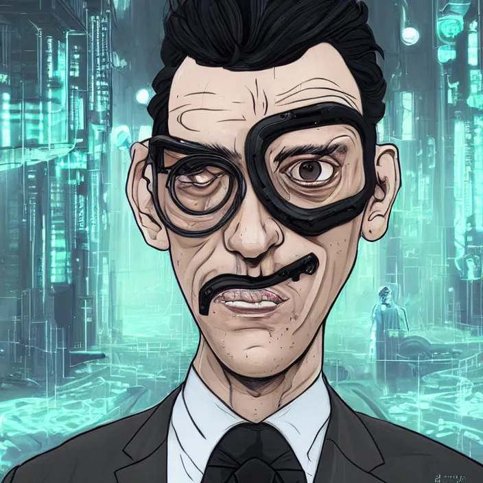 Image similar to A portrait of one! latino mad scientist male with cyborg face looking at the camera with a queasy smile!!, wearing a black suit under a white laboratory coat, in a mixed style of Botticelli and Æon Flux!!, inspired by Simon Stålenhag paintings, and cyberpunk!!!, stunningly detailed, stunning inking lines, flat colors, 4K photorealistic