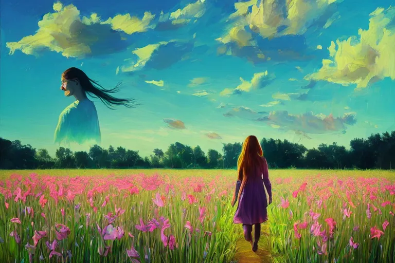 Image similar to giant gladiola head, girl walking in field of flowers, surreal photography, sunrise, blue sky, dramatic light, impressionist painting, digital painting, artstation, simon stalenhag