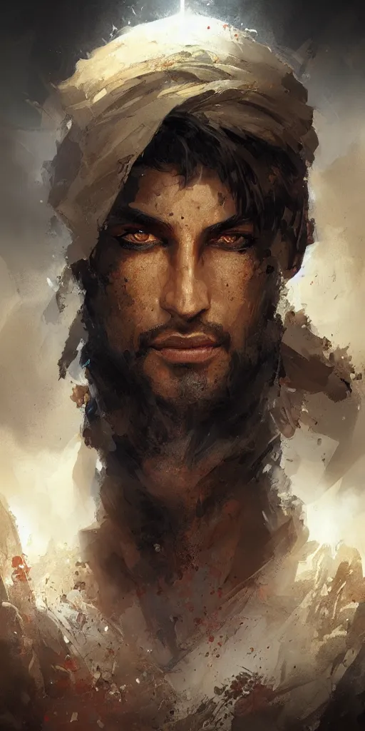 Image similar to prince of persia warrior within face portrait by greg rutkowski and craig mullins