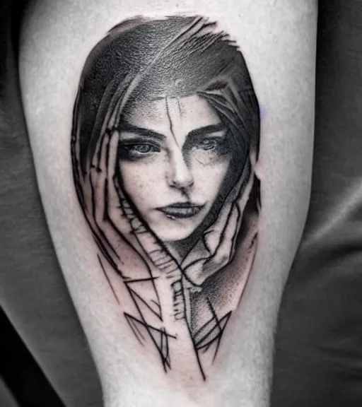 Prompt: hyper realism tattoo sketch of a beautiful woman face double exposure effect with beautiful mountain scene, in the style of matteo pasqualin, amazing detail, sharp, faded