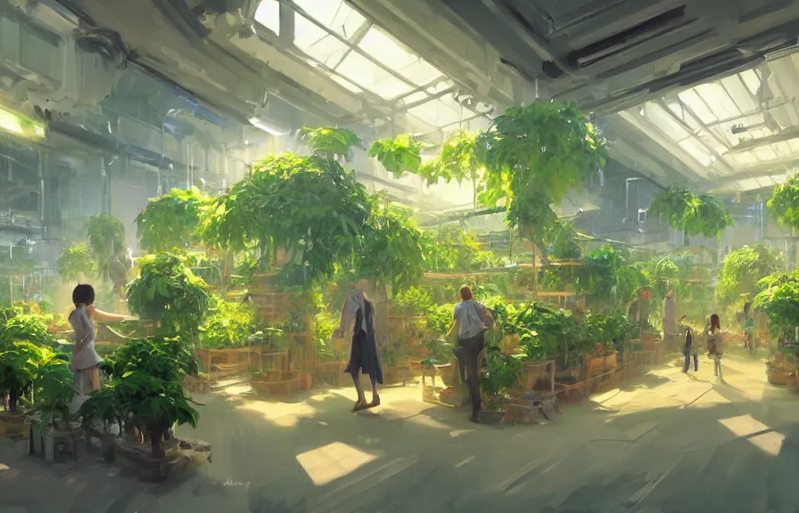 Image similar to greg manchess concept art of a lush indoor hydroponics lab in a far - future utopian city, key visual, ambient lighting, highly detailed, digital painting, artstation, concept art, sharp focus, by makoto shinkai and akihiko yoshida and hidari and wlop