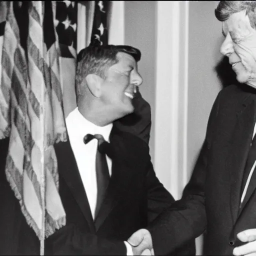 Image similar to a black and white photo of president kennedy shaking hands with a space alien