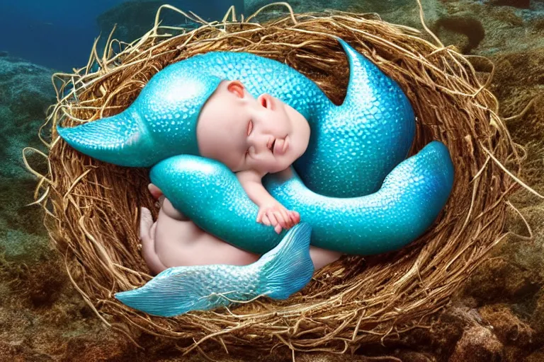 Image similar to a baby mermaid laying in a nest under the ocean, photography, concept art, digital art, trending on artstation, 4 k, extremely detailed, realistic, photorealistic, anne geddes