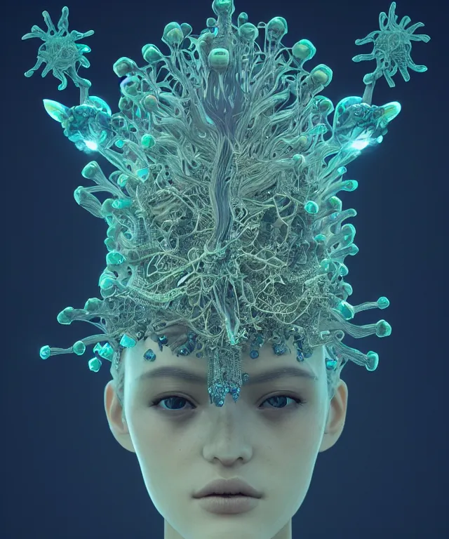 Image similar to symmetrical goddess close-up portrait wigh crown made of skulls. betta fish, phoenix, bioluminiscent creature, intricate artwork by Tooth Wu and wlop and beeple. octane render, trending on artstation, greg rutkowski very coherent symmetrical artwork. cinematic, hyper realism, high detail, octane render, 8k