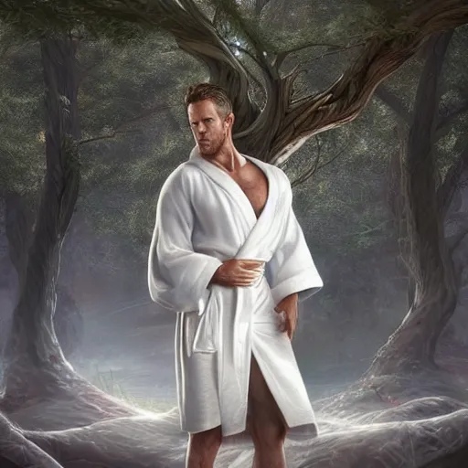 Prompt: ryan reynolds wearing white robes leans against a magical tree romance novel fantasy artwork epic detailed and intricate digital painting trending on artstation by wlop octane render