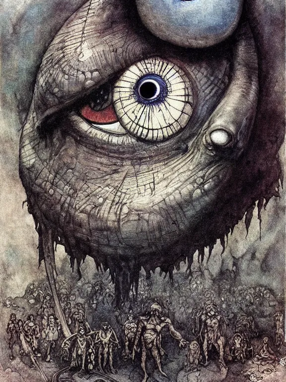 Prompt: one-eyed single-eyed blue-skinned big Cyclops Polyphemus concept art with one huge eye. Extremely high detail, details, realistic, solo, masterpiece, colorful, art by Arthur Rackham, Muzinabu, Johann Tischbein, Zdzisław Beksiński