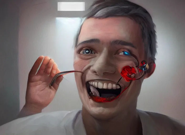 Prompt: a happy patient just cured from schizophrenia by power of cutting edge science in brightly lit modern soviet hospital trending on Artstation