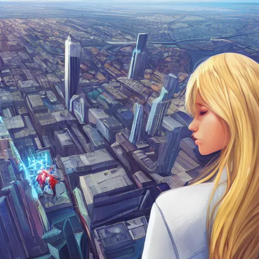 Prompt: a beautiful giant woman over a city, blonde, long hair, pixiv, hyperrealistic