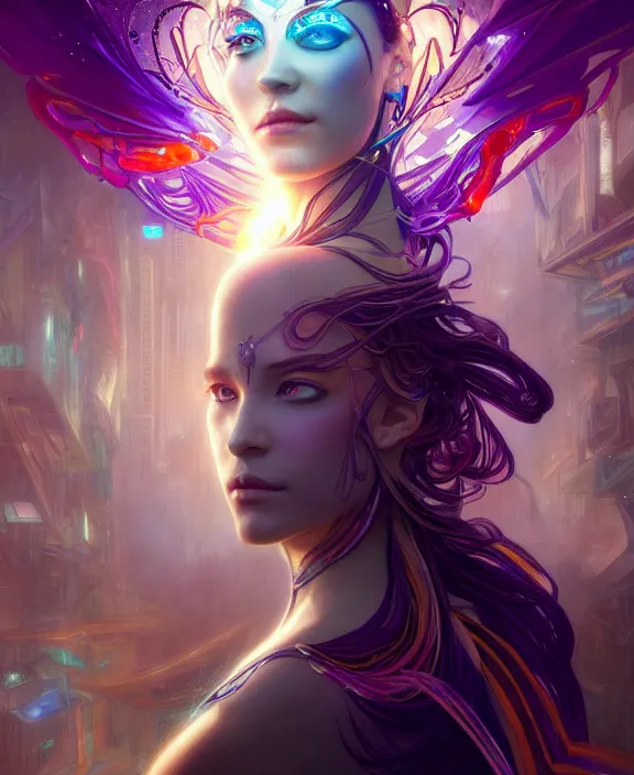 Image similar to a whirlwind of souls rushing inside the metaverse, half body, glowin eyes, tiara with sapphire, pharaoh, android, cyberpunk, d & d, fantasy, intricate, elegant, highly detailed, colorful, vivid color, digital painting, artstation, concept art, art by artgerm and greg rutkowski and alphonse mucha and ruan jia