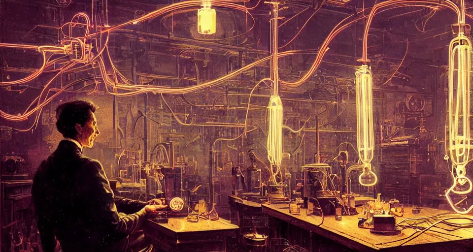 Prompt: nikolai tesla in his lab, electrical arcs, magical sparks, large glowing light bulbs, neon glow, highly detailed, digital art, intricate, dramatic lighting, retro futuristic, neon colors, cinematic, art by norman rockwell, greg rutkowski, james gurney, giger