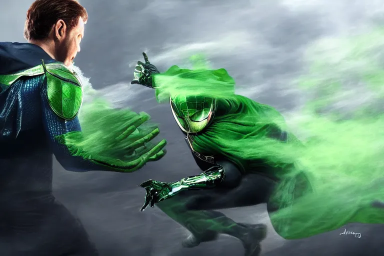 Prompt: Mysterio fighting Spider-Man in a cloud of green smoke, trending on Artstation, HD wallpaper, 4k, photorealistic, digital art,