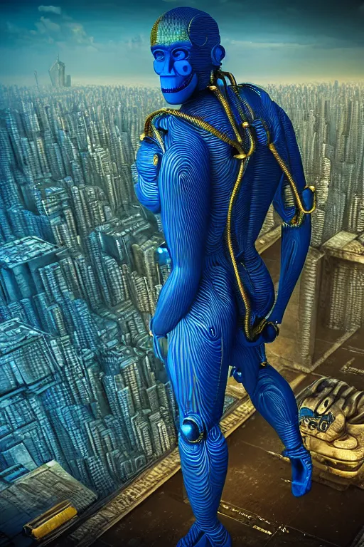 Image similar to high quality 3 d render brutalist cyborg! muscular man monkey blue hybrid sitting, gold madhubani, highly detailed, cyberpunk!! mumbai in the background, unreal engine cinematic smooth, szukalski & blade runner, moody light, low angle, uhd 8 k, sharp focus