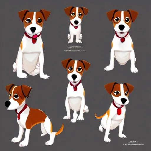 Prompt: cute jack russel terrier, concept art, character sheet, character design, by cory loftis