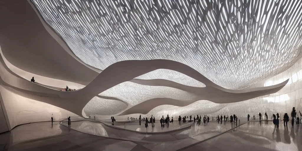 Prompt: extremely detailed ornate stunning sophisticated beautiful elegant futuristic museum lobby interior by Zaha Hadid, stunning volumetric light, sunset