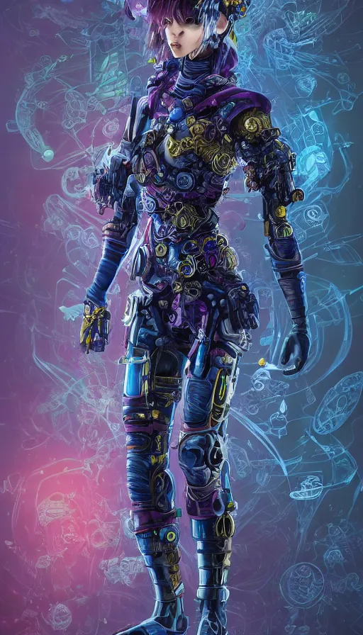 Image similar to full body head to toe portrait of a flowerpunk sci-fi cyborg ninja, third person, D&D, sci-fi fantasy, intricate, blue and gold, highly detailed, art by Range Murata, highly detailed, 3d, octane render, bright colors, digital painting, trending on artstation, sharp focus, illustration style of Stanley Artgerm, dramatic background