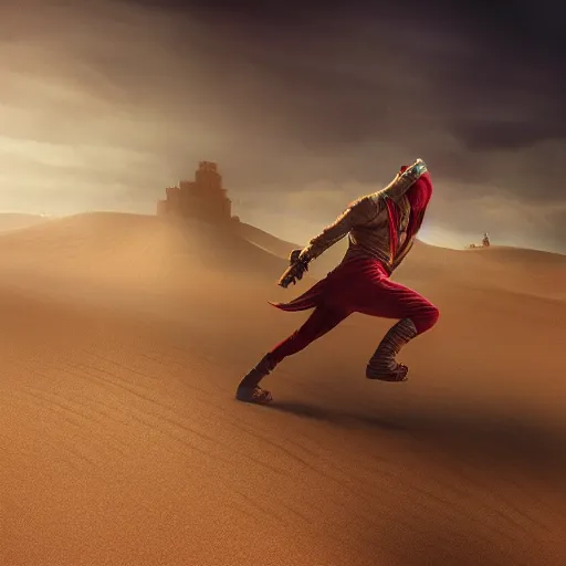 Prompt: Ninja warrior dashing through a ruined city, dune style, epic, cinematic, light effect, volumetric lighting, cinematic, soft lights, golden ratio, hyper detail, ultra HD, Octane,