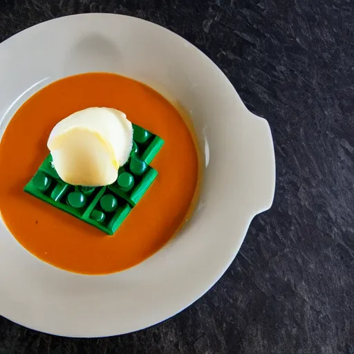 Image similar to Lego bricks on orange gravy , mashed potatoes, Michelin star, award winning