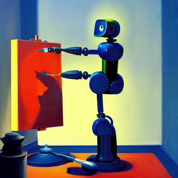 Image similar to beautiful illustration of a robot painting an artwork on a canvas with a paintbrush by Edward Hopper, colorful octane render