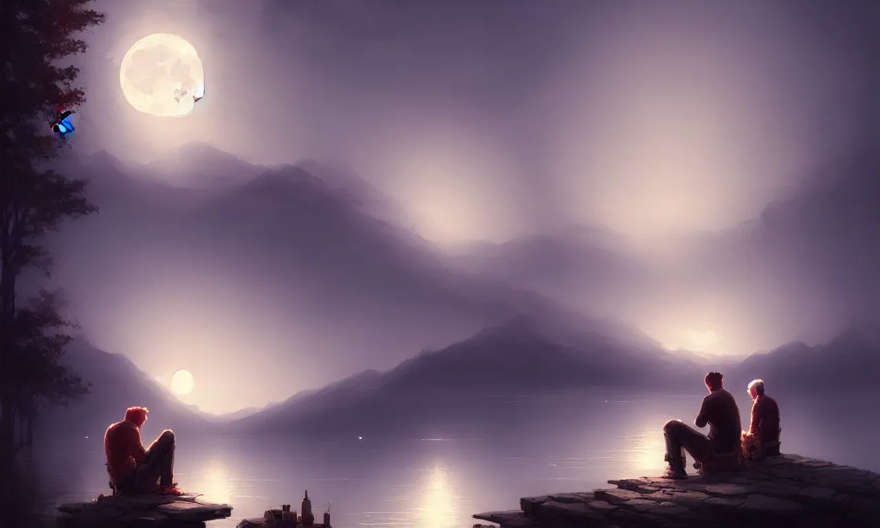 Prompt: a man siting looking at the moon light in front of the lake, trending on artstation, by jordan grimmer, art greg rutkowski