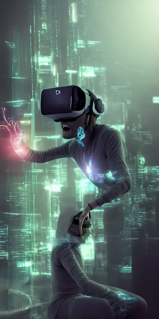 Image similar to a person trapped in virtual reality, futuristic, cyberpunk, 3 d rendered, 3 d rendering, dramatic lighting