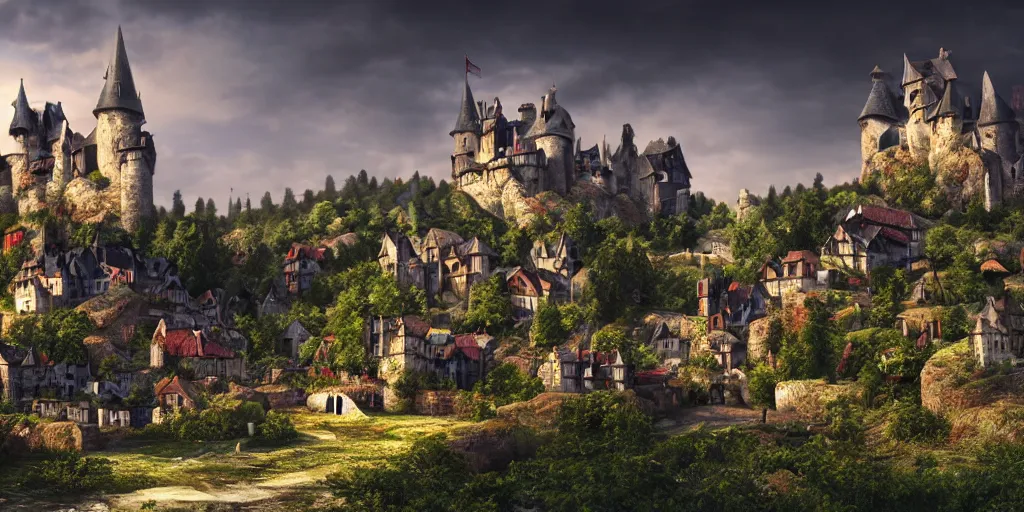 Prompt: landscape with a medieval gothic castle and a medieval village in a valley, hyperrealistic, realistic, photorealistic, dynamic lighting, highly detailed, cinematic landscape, studio landscape, studio lighting