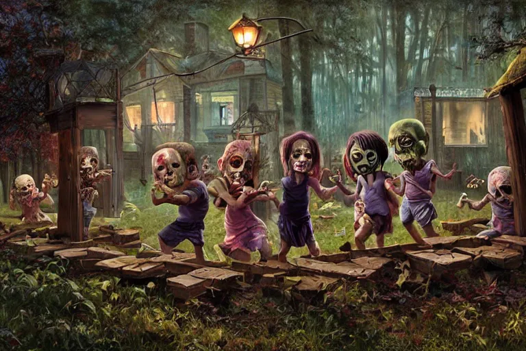 Prompt: chibi zombies breaking through a wooden obstacle, Gregory Crewdson, Mark Keathley, Lilia Alvarado, Greg Hildebrandt