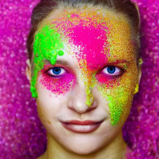 Image similar to a woman with different colour slimes and golden sprinkles on face.