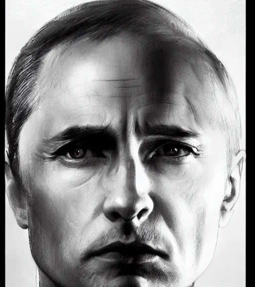 Image similar to vladimir putin, beautiful piercing eyes, realistic face, black and white drawing, in the style of greg rutkowski, fantasy, amazing detail, epic, intricate, elegant, smooth, sharp focus