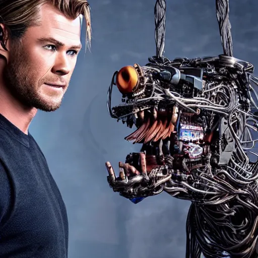 Image similar to animatronic Chris Hemsworth, exposed wires, photo, Stan Winston studios, detailed, 4k