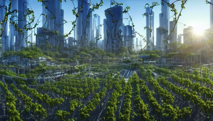 Sunrise over solarpunk city, vines, many trees and, Stable Diffusion