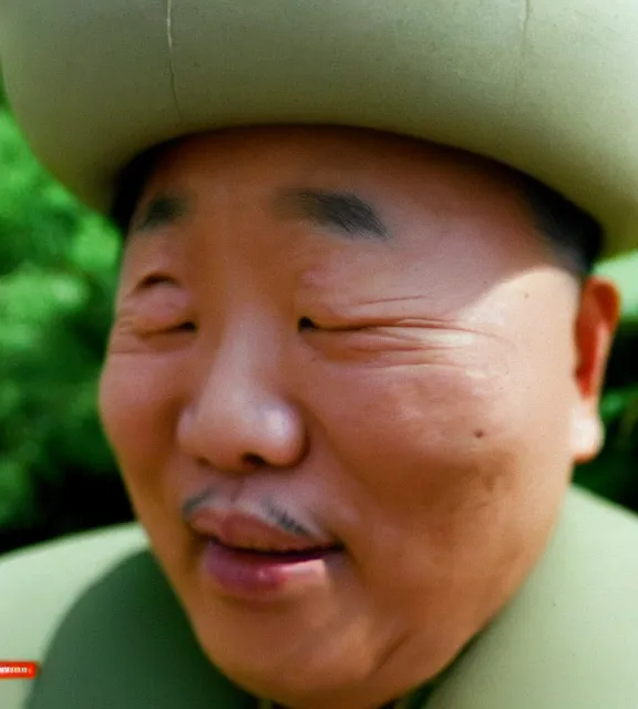 Image similar to colour araki nobuyoshi style close - up photography of detailed north korean kim chen with detailed smiling face, smelling detailed weed bush