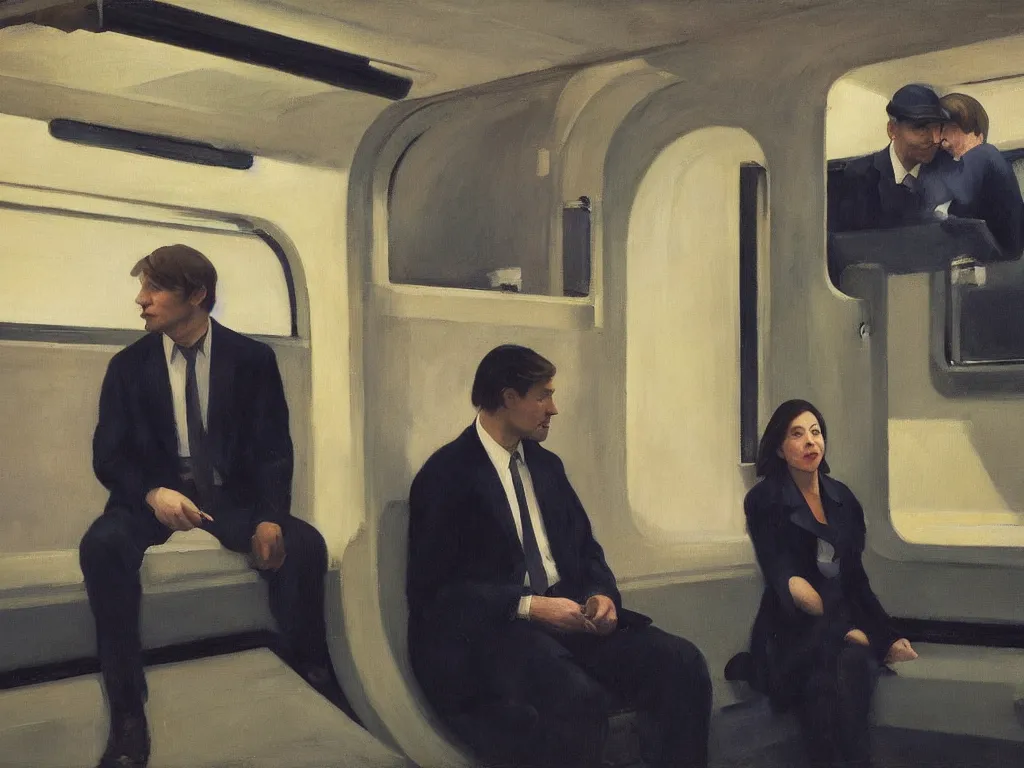 Image similar to an oil painting by Edward Hopper, 3/4 low angle view wide shot of two people sitting in an empty Chicago subway train, in front of windows: a sad Aubrey Plaza in a parka and a friendly Mads Mikkelsen in a suit