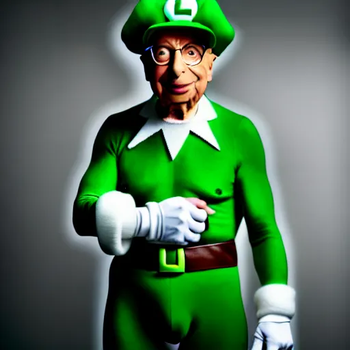 Image similar to uhd candid photo of hyperdetailed klaus schwab dressed as luigi. correct face, accurate luigi costume, cinematic lighting, photo by annie leibowitz, and steve mccurry.