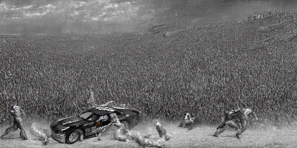 Prompt: nascar race in the style of gustave dore